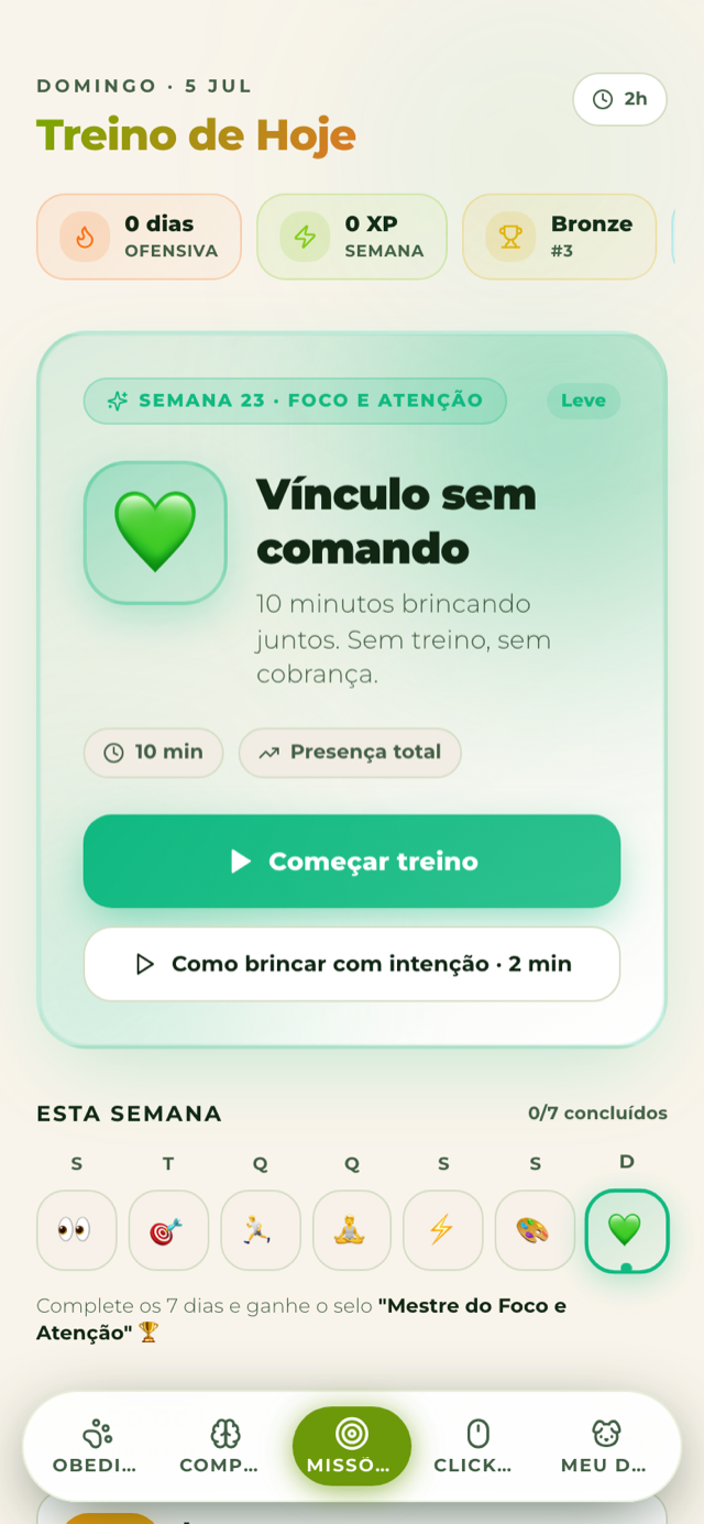 Tela real do app: Treino de Hoje + ofensiva
